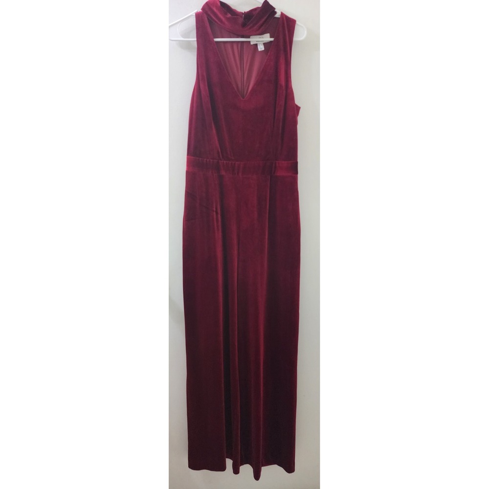 Belle Badgley Mischka Burgundy Velvet Mock Neck Wide Leg Jumpsuit Size 8